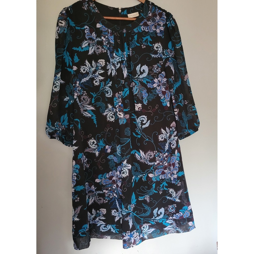 Eva Mendes Short Dress large Sheer 3/4 Sleeve Floral Black blue business casual‎